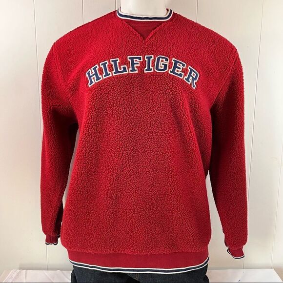 Vintage 90s Y2K Tommy Jeans Hilfiger Deep Pile Sherpa Fleece Pullover Crewneck M - Picture 1 of 7